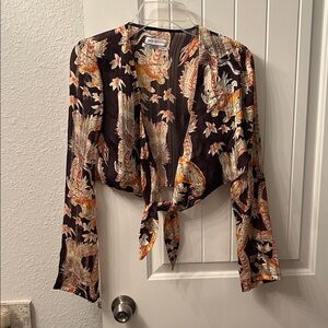 Urban Outfitters Black and Orange Tiger and Dragon Tie-Front Blouse